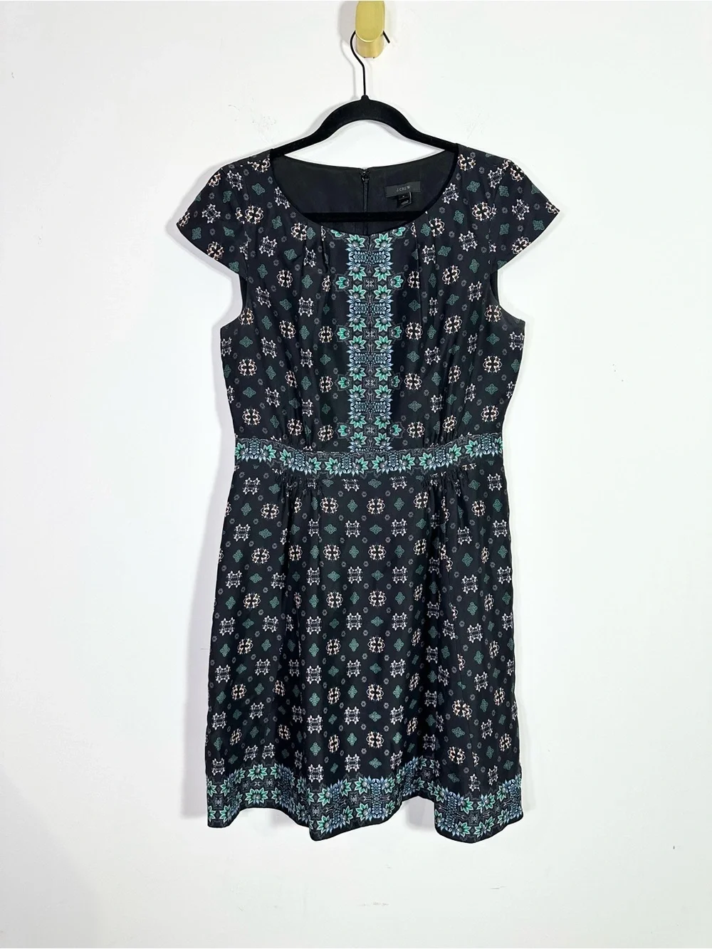 J. Crew Short Cap Sleeve Split Crewneck Geometric Tile Print Silk Mini Dress
